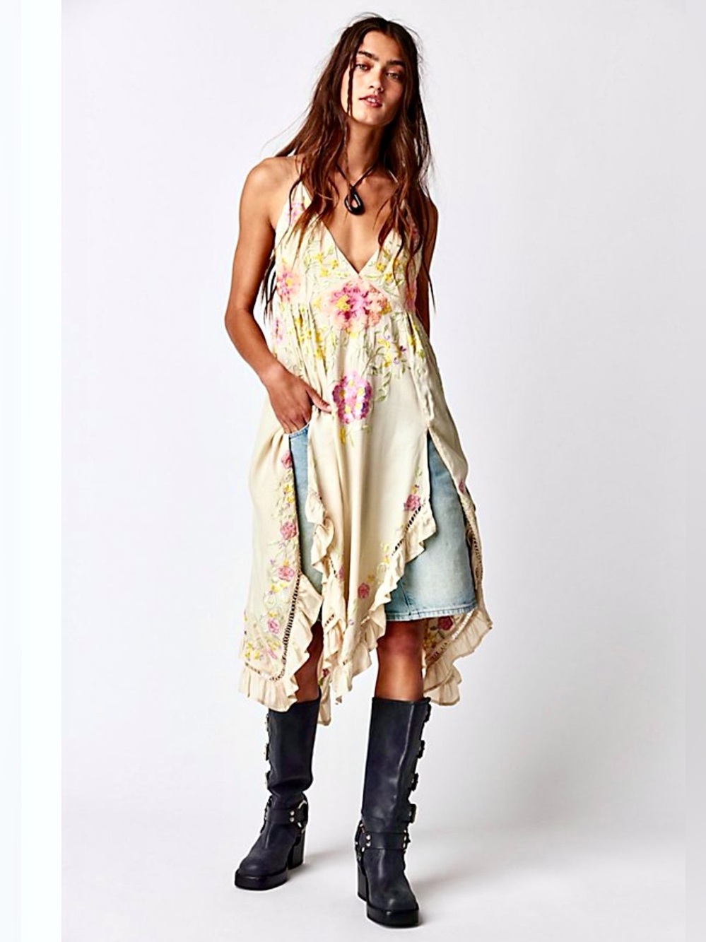 Free People Cream Floral Embroidered V-Neck Slip Dress - Picture 3 of 16